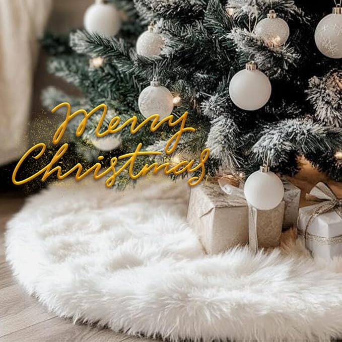 Christmas Tree Skirt, 60 Inch Christmas Decorations Tree Skirt, Faux Fur White Soft Long Thick Velvet Tree Rug, Large Vintage Tree Base Cover Round Mat for Merry Christmas Holiday Party