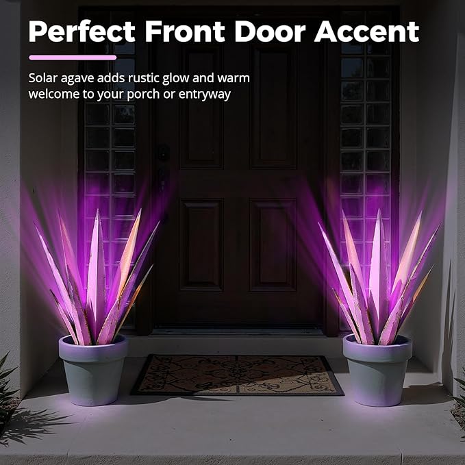 24” Large Solar Metal Agave Plants Outdoor Decor, Tequila Rustic Sculpture Outdoor Statues, Garden Sculpture for Patio Path Courtyard and Lawn (Vintage Purple-Solar Light)