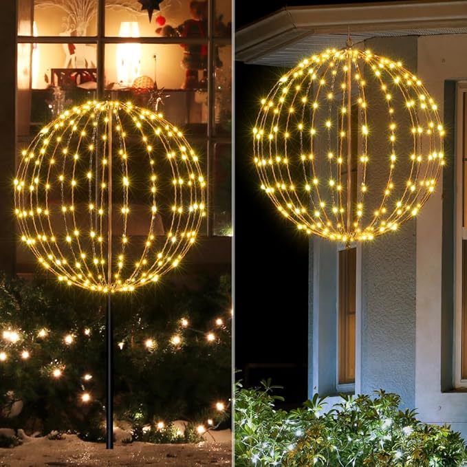 LIGHTSHARE 20IN 200LED Light Ball Yard Decoration Pathway Lights Sphere Light Fold Flat Metal Frame Indoor Outdoor Waterproof Garden Lights, Brown Frame / Warm White Lights