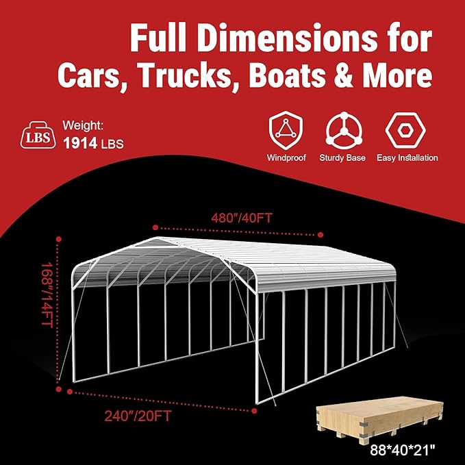 20x40 FT Heavy-Duty Galvanized Metal Carport, All-Steel Large Car Ports with Triangular Reinforcement & Heavy Anchors, Outdoor Vehicle Shelter Car Canopy for Trucks SUVs Boats RVs Storage