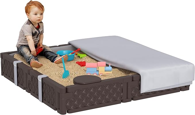 Qaba Kids Sandbox with Cover, Square 47 HDPE Large Sand Pit with 4 Seats, Waterproof Bottom Liner, Weather Resistant Outdoor Sand Box for Backyard, Lawn, Garden, Beach, Patio, Brown