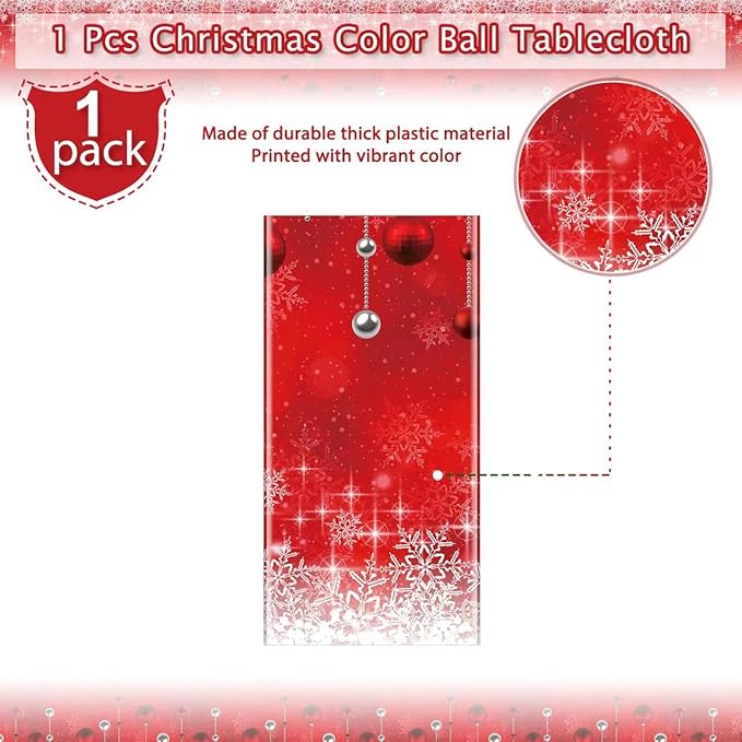 Jectivs 1Pieces Merry Christmas Tablecloth Plastic Christmas Tree Ball Table Cover Rectangle Winter Snowflake Tablecloth for Merry Christmas Holiday New Year Eve Party Decorations Supplies,54x108inch