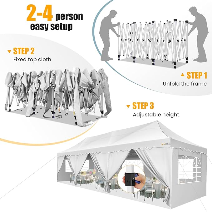 HOTEEL 10x30 Pop Up Canopy with 8 Sidewalls, UV 50+ and Waterproof 10×30 Party Tent, Thickened Frame, Large Space Easy Pop Up Canopy, Outdoor Tent for Weddings, Beaches, Parties, Patio (White)