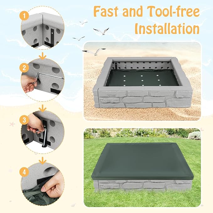 HONEY JOY Sandbox with Cover, 47 x 47 Inch Square Sand Pit for Backyard, Bottom Drainage Oxford Liner, HDPE Playful All Weather Resistant Sand Boxes for Kids Outdoor with Lid (Gray)