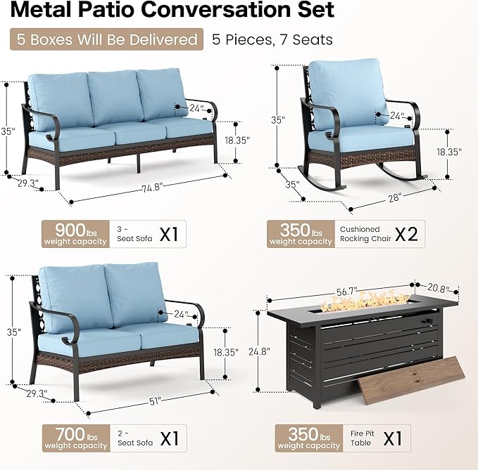 5 Piece Metal Outdoor Patio Furniture Set with Firepit Table, Patio Conversation Set 1 3-Seater Sofa, 2-Seater Loveseat, 2 Rocking Chairs with 5.75" Cushion for Backyard Deck, Blue