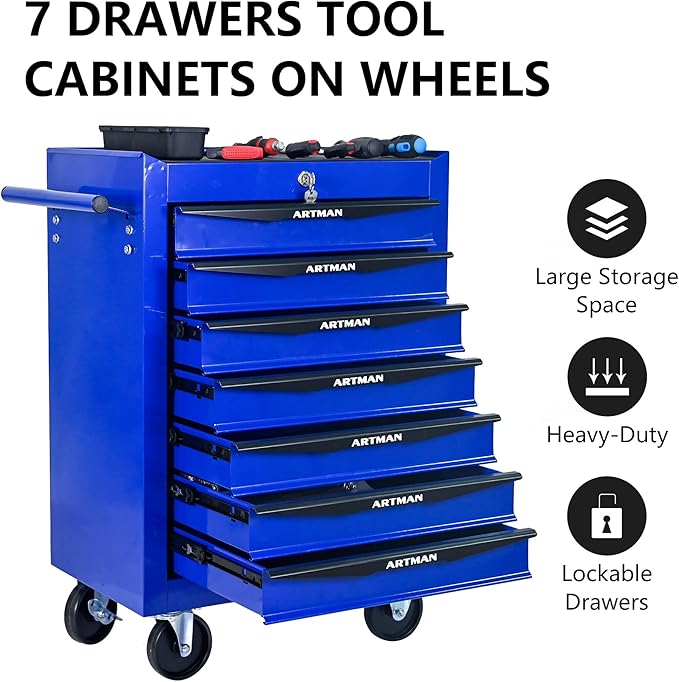 RYH 7 Drawers Rolling Tool Chest - 13 D x 20.9 W x 30.5 H Heavy Duty Mobile Tool Cart with Locking Wheels & Ball Bearing Drawers, Garage Tool Storage Cabinet (Blue, 7 Drawers)