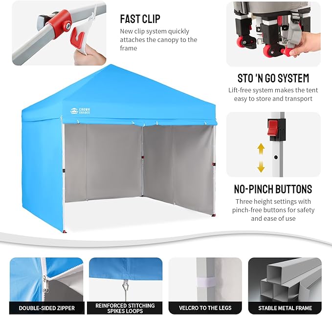 CROWN SHADES 10X10 Comercial Instant Canopy Pop Up Tent with Center Lock (10x10 with 4 Sidewalls, Sky Blue)