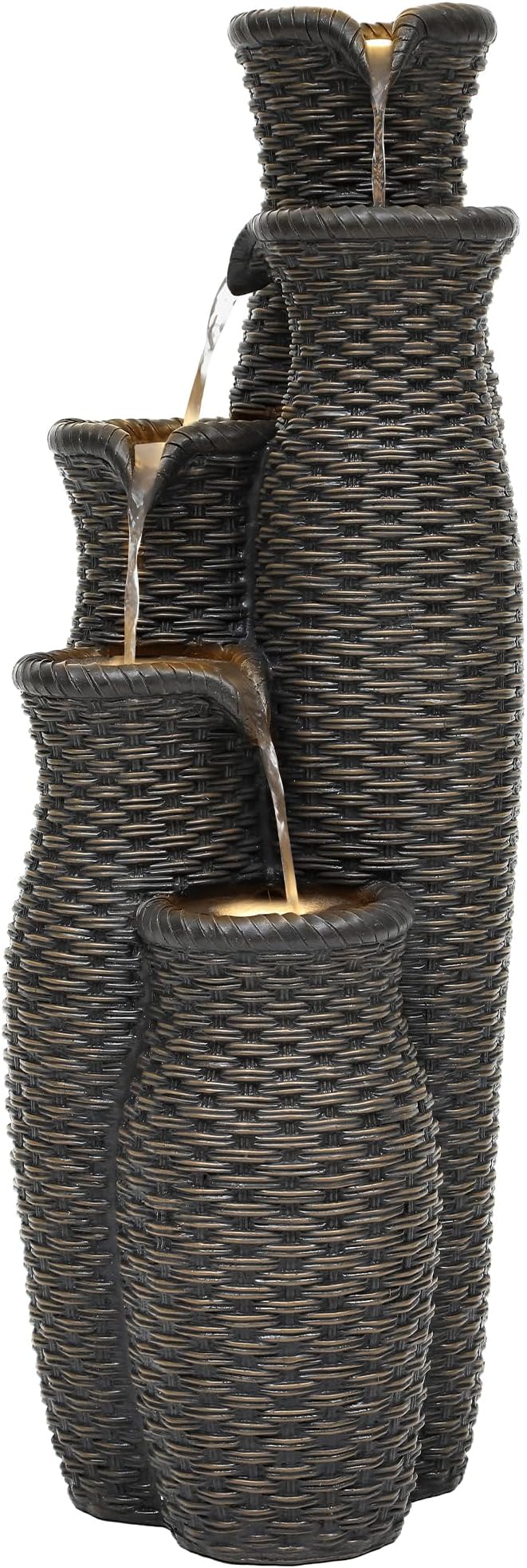 Autodaya 5-Tier Faux Rattan Vase Water Fountain Outdoor with LED Lights, Polyresin Cascading Waterfall Feature, Tranquil Oasis for Garden, Patio, Yard, or Porch