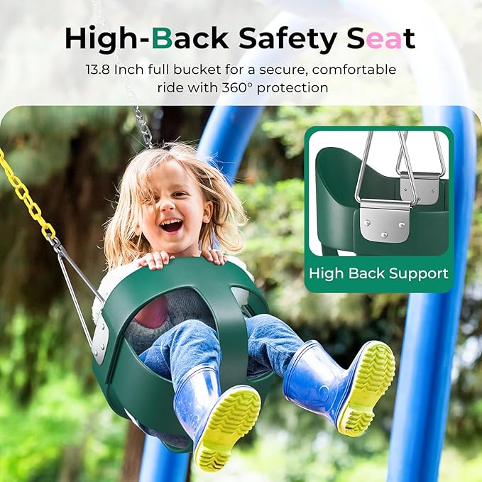 DECORLIFE Toddler Swing, Baby Swing Outdoor ?High Back Full Bucket Swing Set, 330lb Capacity, Safety Design, Plastic-Coated Chains and Quick-Snap Carabiners for Backyard, Playground