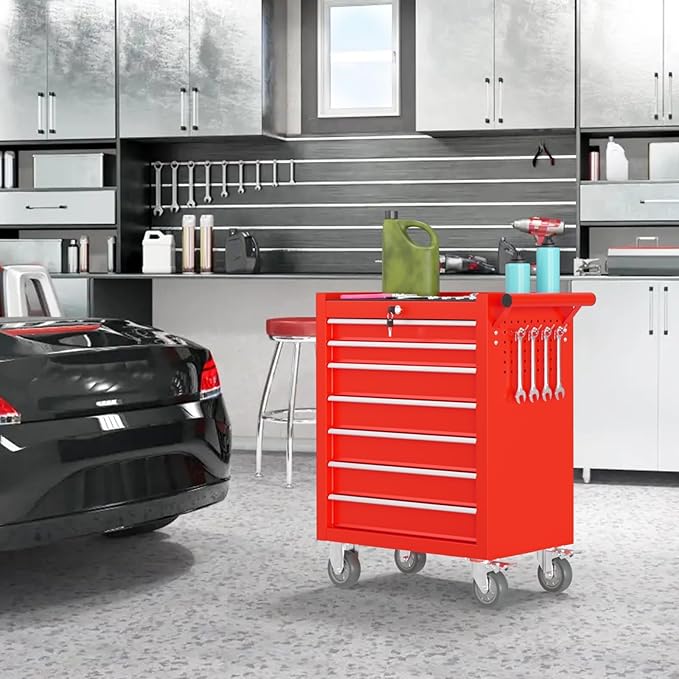 7 Drawers Rolling Tool Box, Portable Storage Tool Chest with Wheels, Toolbox with Lock for Warehouse, Garage, Repair Shop and Tool Room (Red)