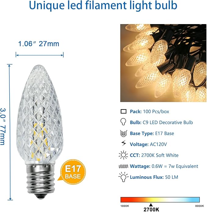 100 Pack C9 Christmas Lights LED Replacement Bulbs, Shatterproof & Waterproof Plastic C9 Led Bulbs for Outdoor String Lights, E17 Base, 0.6W Equivalent to 7W, 2700K, 50 Lumens Holiday Decoration