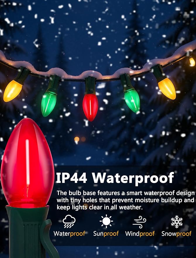 C7 LED Christmas Lights Outdoor,25ft LED Clear Red White Green Christmas Lights with 27 LED Bulbs(2 Spare),Connectable Christmas Decorations Light for Indoor Outdoor Home Party Garden Yard