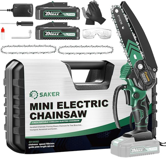 Saker Mini Chainsaw,6 Inch Portable Electric Chainsaw Cordless, Small Handheld Chain saw for Tree Branches,Courtyard, Household and Garden,Gift for Men Dad(SK1806D-G)