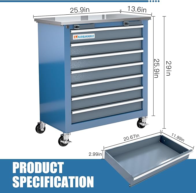 LARBANKE 7-Drawer Rolling Tool Chest with Stainless Steel Countertop,Tool Chest with Secure Locking System,Tool Cabinet with 360¡ÆWheels and Padded Feet,for Home, Garage and Office