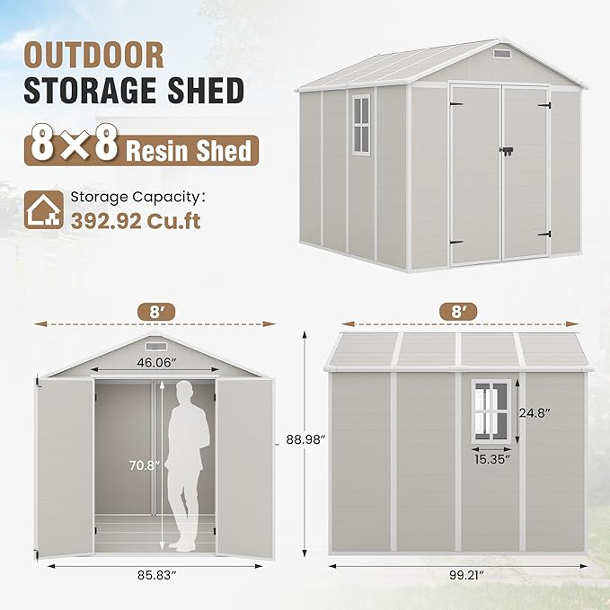 Amopatio 8x8 Storage Shed, Resin Outdoor Shed with Floor Included, Plastic Sheds Outdoor Storage for Bike, Garden Tools, Sheds & Outdoor Storage with Lockable Door, Window & Vents, Sandstone