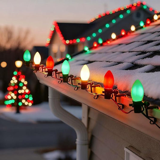 C9 LED Outdoor Christmas Lights,C9 String Lights with Quick Clips,for Xmas House Roof Gutter,Plug in & Connectable,50FT 50 Light,Red Green White