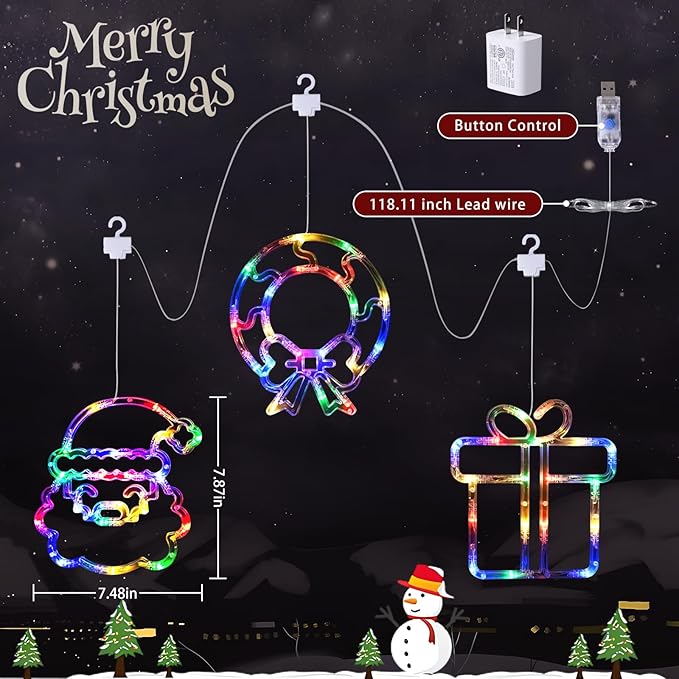 LOLStar Christmas Window Decorations, 3 Pack USB Multicolor Wreath, Gift Box, Santa Claus Xmas Indoor Window Lights, 8 Flashing Modes LED Lights for New Year, Home, Party, Room Decors