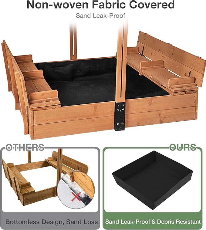Sandbox with Lid and Cover, Outdoor Sand Box for Kids with 360¡Æ Adjustable Canopy, 2 Foldable Bench Seats & Sand Leak-Proof Liner