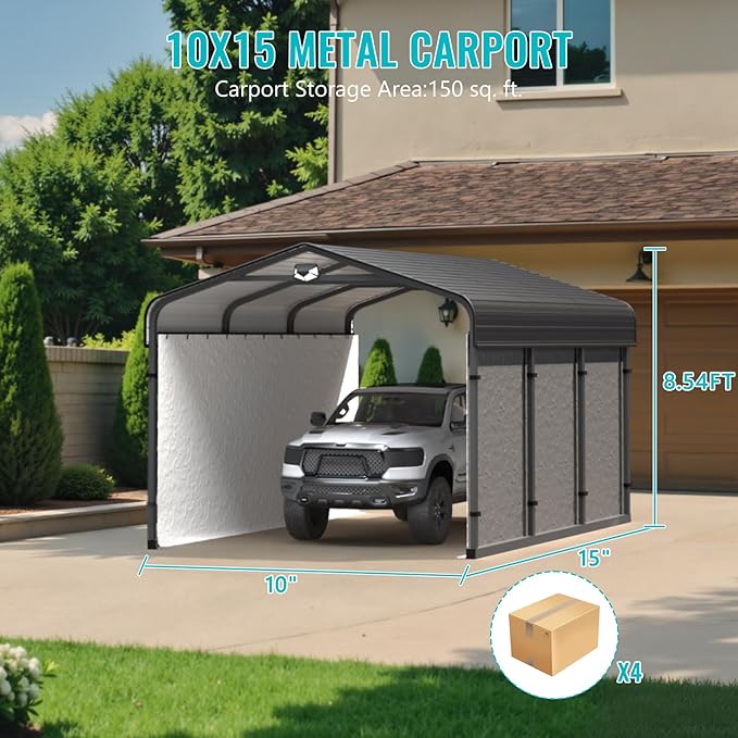 10x15 Metal Carport, Heavy Duty Car Carport Canopy, Galvanized Steel Roof Car Tent Garage, CarPorts with Removable Polyethylene Sidewalls