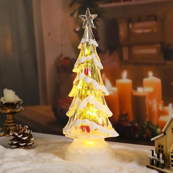 Small Christmas Tree White Acrylic Tree with Red Berries 11 Inch Tabletop Christmas Tree with LED Lights Timer Vintage Christmas Decoration Battery Operated Medium Transparent