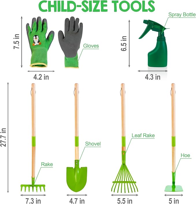 Kids Gardening Tools Set - 6PCS Detachable Garden Tool Kit with Gloves, Shovel, Rake, Hoe, Leaf Rake & Spray Bottle - Wooden Handles with Hanging Hole, Perfect Outdoor Toy Gift for Ages 3-5