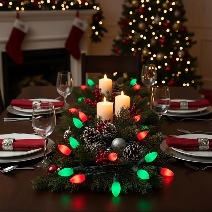 C7 LED Christmas String Lights,25ft LED Outdoor Christmas Light with 27 Red＆Green Bulb(2 Spare),Connectable Red and Green String Lights for Tree Yard Garden Porch Party Decor