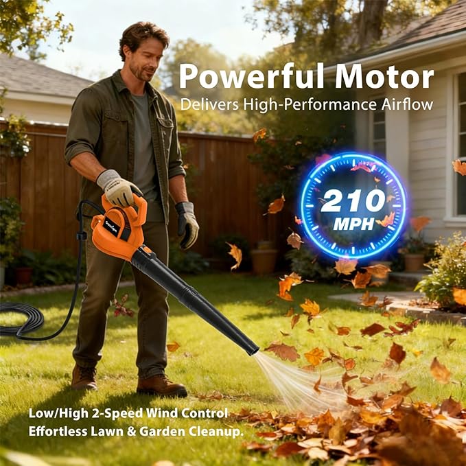 Electric Leaf Blower Corded, 7-Amp, 390CFM/ 210MPH, 2 Speed Modes, Powerful Lightweight Handheld Blowers for Lawn Care, Patio, Leaves, Dust, Snow (Orange)