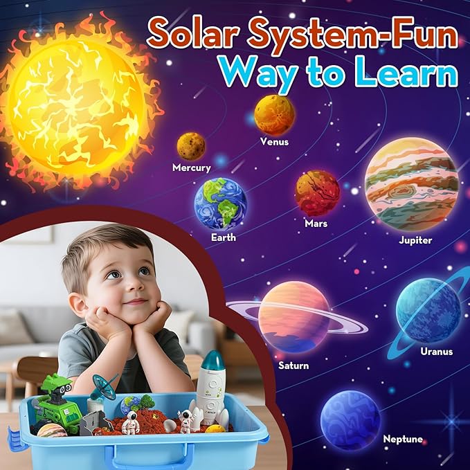 KNASON Outer Space Sensory Bin,Play Sand Kit for Boys with 2.2lbs Sand,Glow in The Dark Alien and Gems,Space Science Kits Sandbox Toys Preschool Toddler Activities Christmas Gift for Kids Ages 3-8