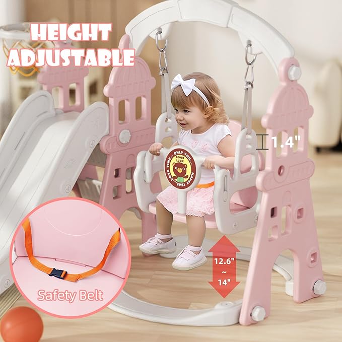 KORIMEFA 4-in-1 Kids Slide and Swing Set, Toddler Slide with Basketball Hoop, Swing, Outdoor Indoor Playground for Toddlers 1-3 (4 in 1-Pink)
