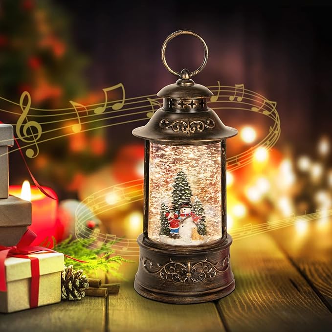 Christmas Snow Globes, Glittering Snowman Christmas Tree Christmas Lantern with 8 Christmas Music Songs, USB & Battery Operated 6h Timer Christmas Music Box for Christmas Decor Indoor Tabletop Gifts