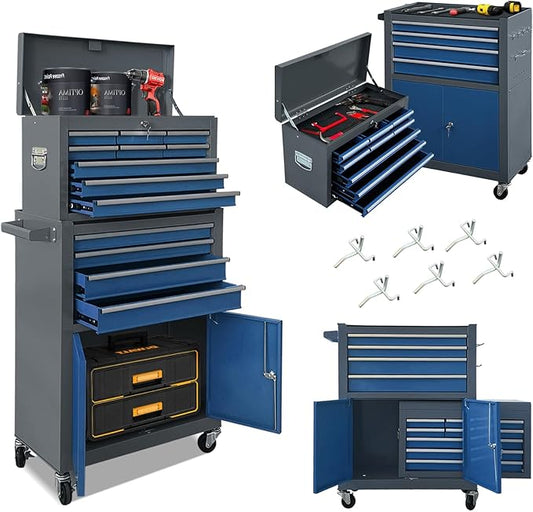 13-Drawer Tool Chest with Double Door and Wheels, Large Detachable Tool Box with Sliding Drawers, Mechanic Toolbox Storage Cabinets, Metal Tool Cart for Garage Workshop (Blue£¦Grey)