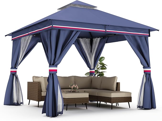 LAUSAINT HOME Semi-Permanent Patio Gazebo 10'x10' with Expansion Bolts, Outdoor Heavy Duty Party Tent with Double Roofs, Mosquito Nettings and Privacy Screens for Backyard, Garden, Lawn, Elegant Blue