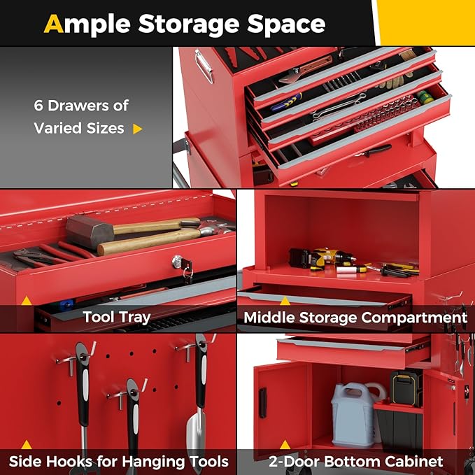 Goplus Tool Chest, 6 Drawers 3-in-1 Extra Large Tool Storage Cabinet with 4¡± Universal Lockable Wheels, Auto Lock, Protective Liner, Heavy Duty Rolling Tool Box for Garage, Workshop