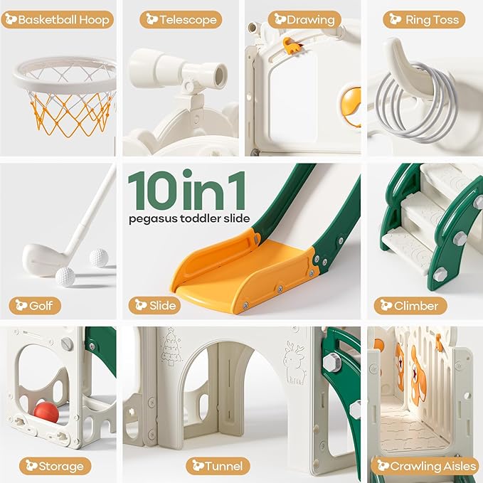 Mloong Toddler Slide for Kids - 10 in 1 Kids Slide for Toddlers Baby 1-3 Years Old, Indoor and Outdoor with Basketball Hoop Golf Drawing Set, Easy Assembly Elk Theme (Green)(54×62×39in)