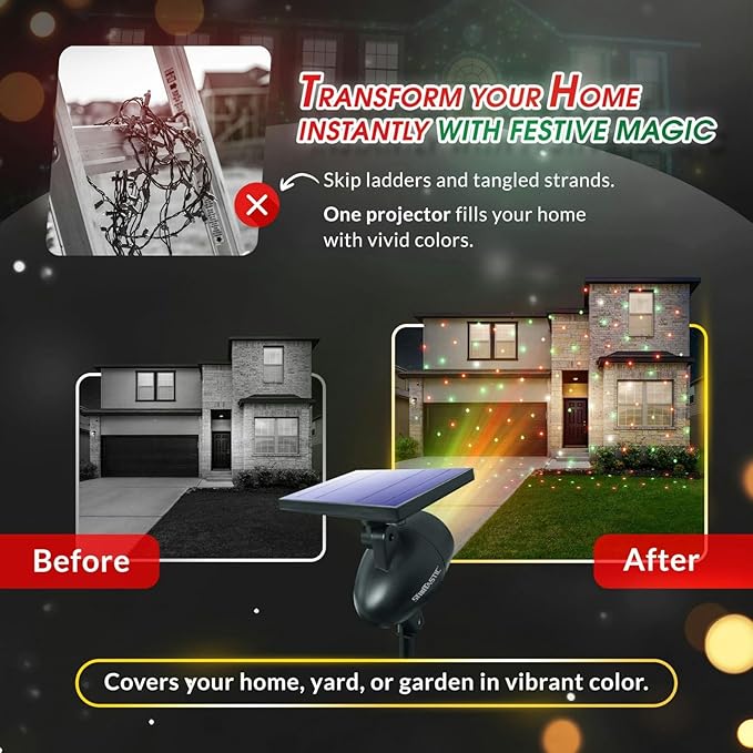 STARTASTIC Solar Wireless Christmas Lights Show Projector, LED Solar Outdoor Christmas Decorations Without Wires for Easy Installation, Auto-On, Remote Control, Waterproof, 5 Modes, for House, Party