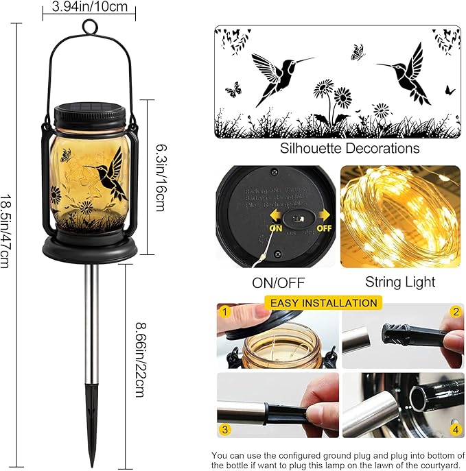 2 Pack Hummingbird Solar Lantern Outdoor Garden Decor, Christmas Birthday Gifts for Women Mom Grandma, Waterproof Hanging Vintage Glass Mason Jar Outside for Yard,Patio, Backyard,Porch,Tree, Pathway