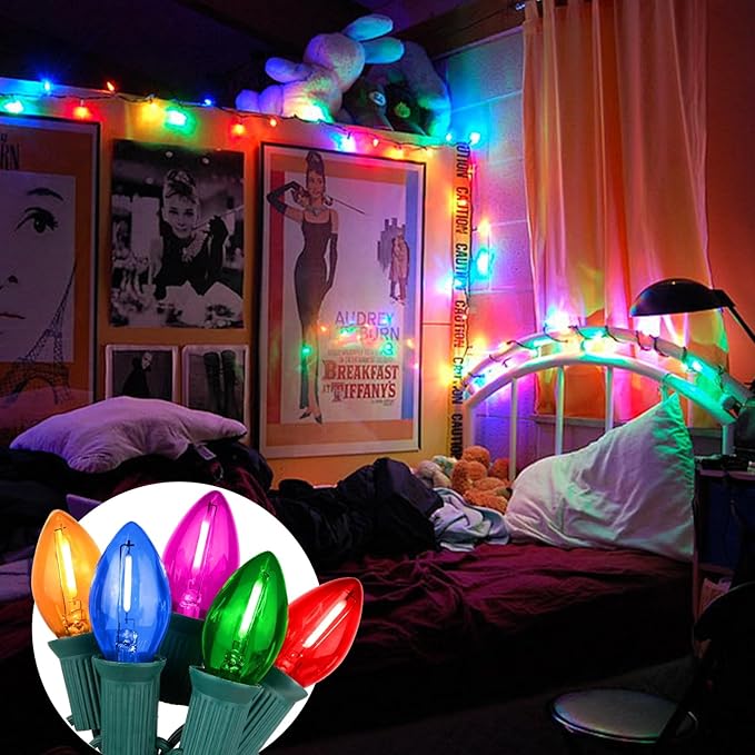 C7 LED Christmas String Lights,25Ft Multicolor Outdoor Lights with 27 Energy-Efficient,Waterproof Clear Bulbs for Indoor/Outdoor Holiday & Party Decor