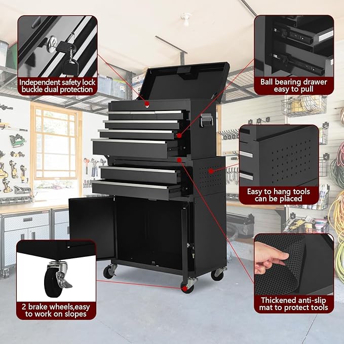 8-Drawer Rolling Tool Chest, 2-in-1 Detachable Top Tool Cabinet with Removable High Capacity Storage, Sliding Drawers, Wheels, Locking System & Liners for Workshop, Mechanics, Garage and Warehouse Use