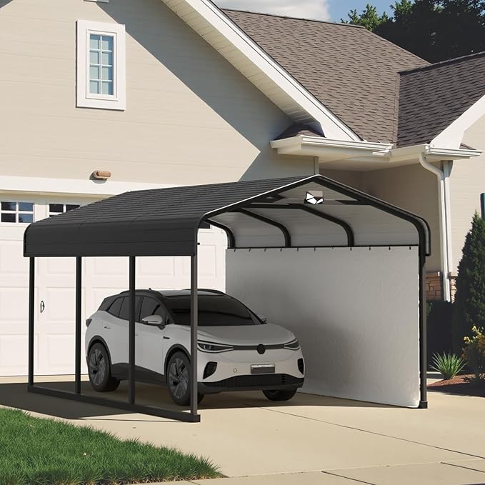 10x15 Metal Carport, Galvanized Steel Roof Car Port with Remvoable Polyethylene Sidewalls