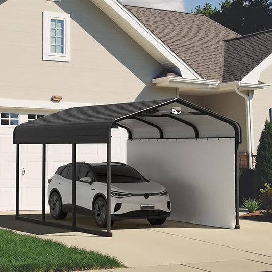 10x15 Metal Carport, Galvanized Steel Roof Car Port with Remvoable Polyethylene Sidewalls