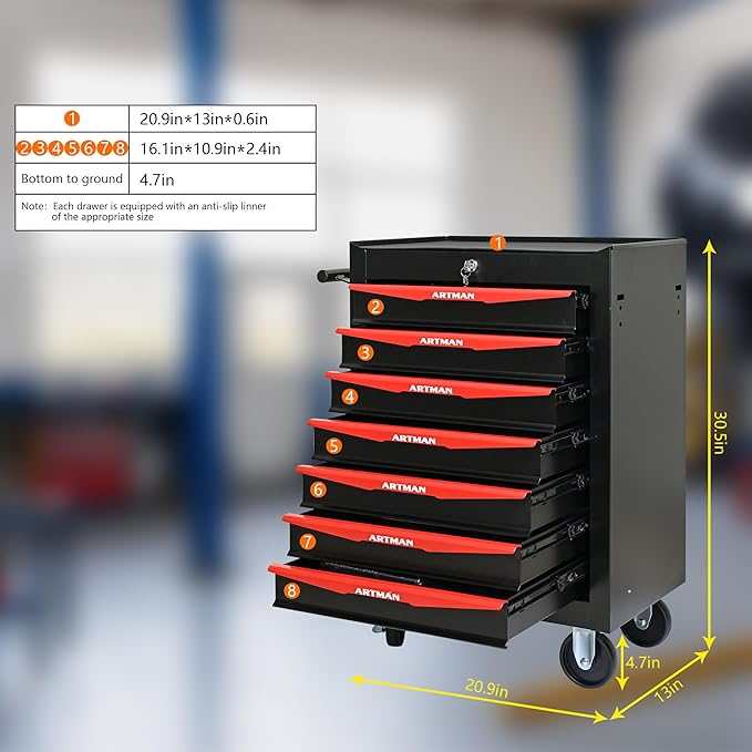 RYH 7 Drawers Rolling Tool Chest - Heavy Duty Mobile Tool Cart with Locking Wheels & Ball Bearing Drawers,30.5 H x 20.9 W x 13 D Garage Tool Storage Cabinet (Black, 7 Drawers)