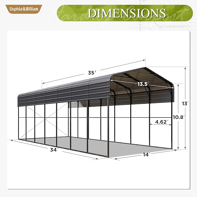 Sophia & William 14x35x13FT Heavy-Duty RV Carport Extra-Tall Shelter for Class A/B/C RVs, Trailers & More (Galvanized Steel Roof), Dark Grey