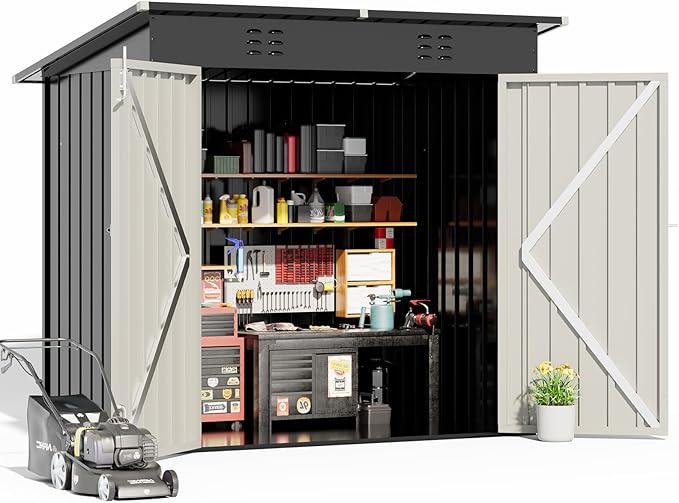 COMHOMA Shed Outdoor Storage Shed Metal,Lockable Doors Tool Sheds with Sloping Roof,Steel Garden Shed with Air Vent for Backyard,Patio,Lawn,Poolside (Grey, 6'*4')