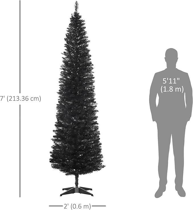 HOMCOM 7' Artificial Pencil Christmas Tree, Slim Xmas Tree with 499 Realistic Branch Tips and Plastic Stand, Black