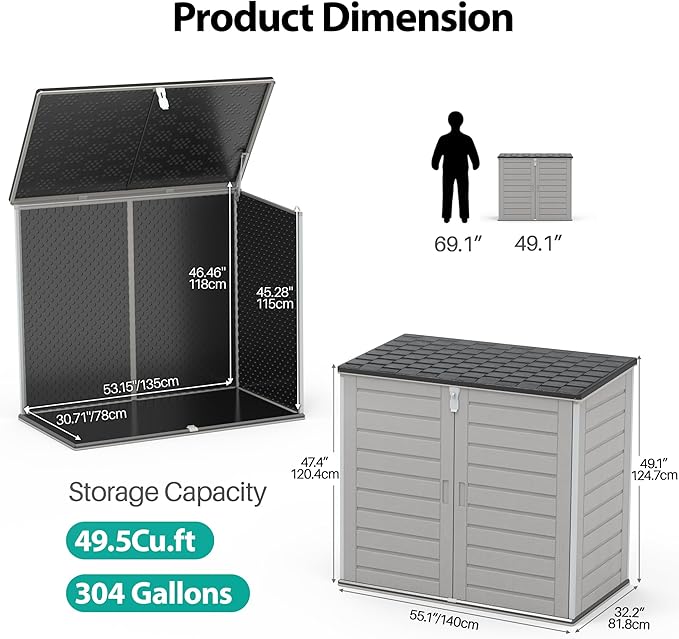 HUGROVE 49.5 Cu ft Storage Shed, 4.6 x 4.1 FT Outdoor Storage Horizontal Resin Shed, Weather Proof Water Proof PP Material, Lockable Door, Outdoor Storage Box for Trash Cans, Patio, Garden (4.6x4.1)