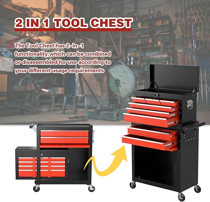 8-Drawer Rolling Tool Chest, High Capacity Removable Tool Storage Cabinet, Detachable Toolbox with Lock for Garage Warehouse and Workshop (BlackRed)