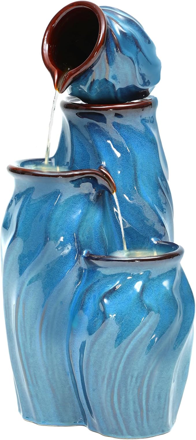 Autodaya 29" Ceramic Outdoor Fountain with Lights, 4-Tier Pots Waterfalls Patio Water Fountain, Tranquil Oasis for Relaxing Garden, Yard, or Porch Decor, Turquoise, Dynamic Wave-Texture
