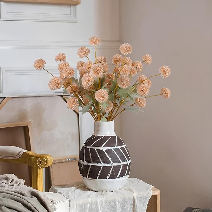 Hananona 12 Pcs Artificial Chrysanthemum Flowers, Beige Kiku Pom Pom Mums Flower Fall Faux Floral Arrangements Centerpiece for Autumn Home Kitchen Decor (12, Beige)