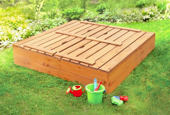 Badger Basket Wooden Sandbox with Lid & Benches - Large Outdoor Sandbox for Kids Made of Cedar - Foldable Cover, Seating & Backyard Playset (46.5 x 46.5 x 9.5)