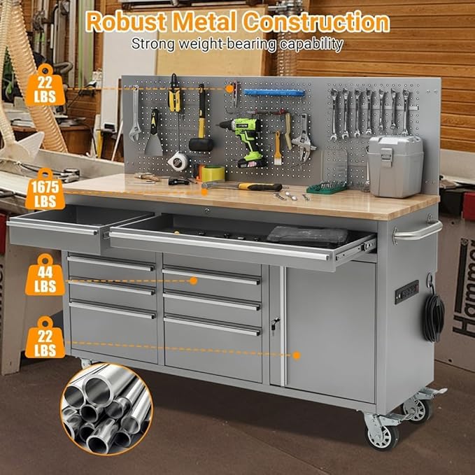 61 Inch Rolling Tool Chest, 10 Drawer Garage Tool Cabinet with Solid Rubber Wood Top, Heavy Duty Mobile Workbench with Power Strip, Lockable Steel Storage Organizer for Workshop and Home, Silver